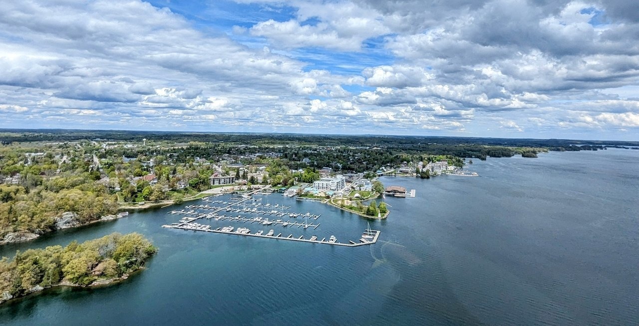 Aerial view of Gananoque waterfront and marina in the 1000 Islands